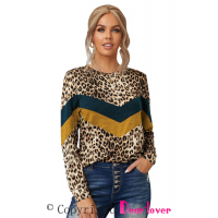 Chevron Colorblock Splicing Leopard Long Sleeve Top