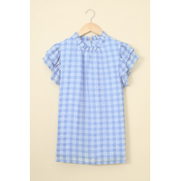 Light Blue Plaid Ruffled Short Sleeves Tee