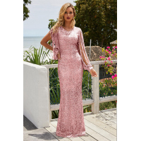 Pink Sequin Fringe Sleeve Prom Maxi Dress