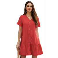 Red Pocketed Button Ruffle Dress