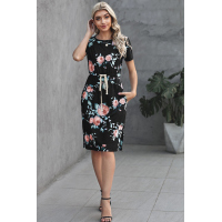 Black Short Sleeve Pocketed Drawstring Casual Floral Dress