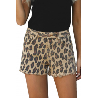 Leopard Mid Waist Frayed Hemline Jean Shorts