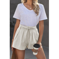 Beige Tie Waist Casual Shorts with Pockets