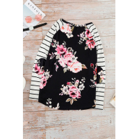 Floral Striped Elbow Patch Baseball Long Sleeve Top