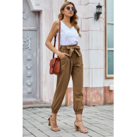 Khaki Solid Color Frock-style Pants with Belt