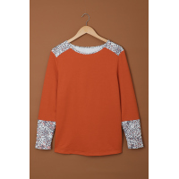 Orange Leopard Splicing Button Long Sleeves Top