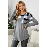 Black Buffalo Plaid Splicing Long Sleeve Top