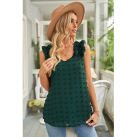 Green Swiss Dot Woven Sleeveless Top With Ruffled Straps