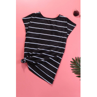 Stripe Black Leopard Printed Open Back Short Sleeve T Shirt