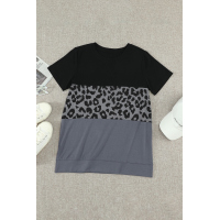 Black Leopard Print Color Block Short Sleeve T-Shirt