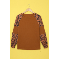 Leopard Print Accent Brown Waffle Long Sleeve Top