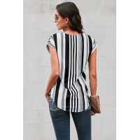 White V Neck Stripes Roll up Short Sleeve Zip Up Blouse