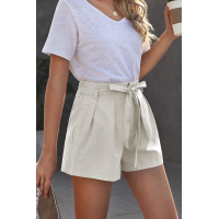 Beige Tie Waist Casual Shorts with Pockets