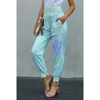 Sky Blue Tie-dye Pocket Casual Pants With Slit