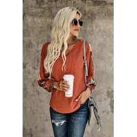 Orange Contrast Eyelet Thermal Knit Top