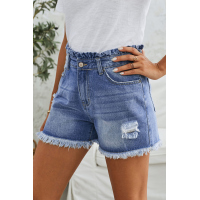 Sky Blue High Rise Ruffle Waist Denim Shorts