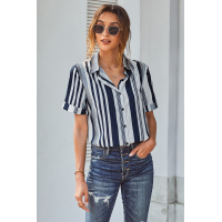 White Navy Striped Short Sleeve Button Shirt