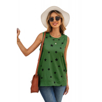 Green Star Print Knit Tank with Slits