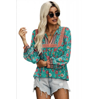 Green V Cut Neck Floral Lantern Sleeve Blouse