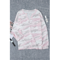 Pink Split Neck Camo Thermal Knit Top