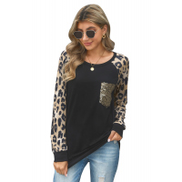 Leopard Round Neck Sequin Long Sleeve Top