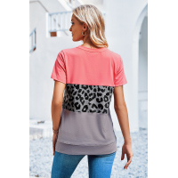 Leopard Print Color Block Short Sleeve T-Shirt