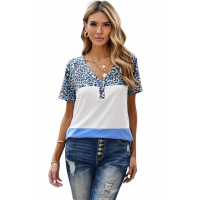 Casual Leopard Print Patchwork Color Block V Neck Top