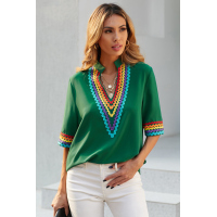 Green Ethnic Colorblock Short Sleeves Top