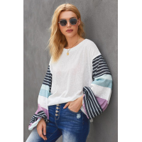 White Striped Colorblock Long Sleeve Knit Top