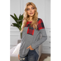 Red Buffalo Plaid Splicing Long Sleeve Top