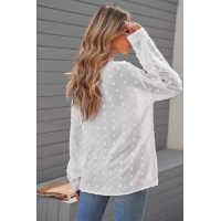 White Long Sleeve Button Fuzzy Polka Dot Shirt