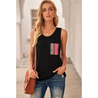 Black Casual Women Tank Top with Multicolor Pocket