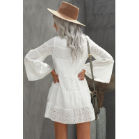 White O Neck Flare Sleeve Solid Color Hollow Out Mini Dress