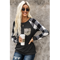 Black Plaid Splicing Sequined Pocket Long Sleeve Top