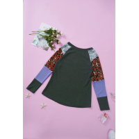 Gray Multi Print Color-block Sleeves Waffle Knit Top