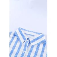  V Neck Stripes Roll up Sleeve Button Shirt