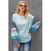 Sky Blue Striped Colorblock Long Sleeve Knit Top