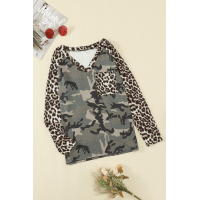 Leopard Camo Splicing Print V Neck Long Sleeve Top