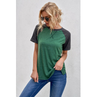 Green Raglan Sleeve Patchwork Colorblock Tee