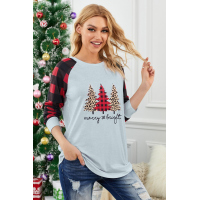 Red Plaid Splice Christmas Tree Print Long Sleeve Top