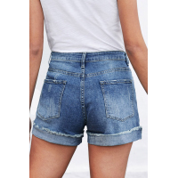 Plaid Patchwork Rolled Hem Denim Shorts