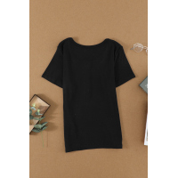 Black Scoop Neck Buttoned Front Ribbed Knit Short Sleeve Top