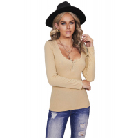 Khaki U Neck Button Knit Long Sleeve Top