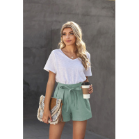 Green Tie Waist Casual Shorts with Pockets