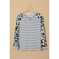 Gray Ombre Leopard Print Stripe Splice Long Sleeve Top