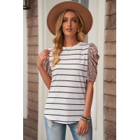 Leopard Ruffle Sleeve Striped T-shirt