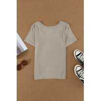 Khaki Scoop Neck Buttoned Front Ribbed Knit Short Sleeve Top