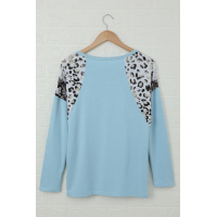 Sky Blue Long Sleeve Top With Leopard Snakeskin Print