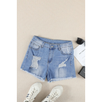 Blue Distressed Mid Rise Frayed Hem Denim Shorts