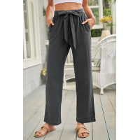 Black Elastic Waist Drawstring Wide Leg Pants